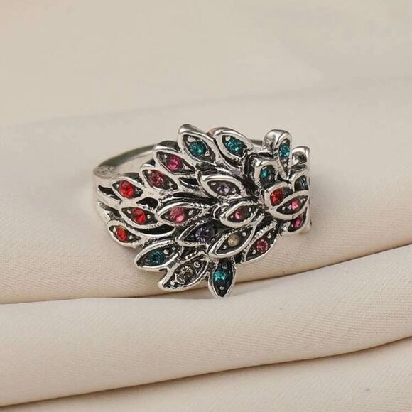 Peacock Multicolor Rhinestone Cocktail Ring One Size - Picture 1 of 6